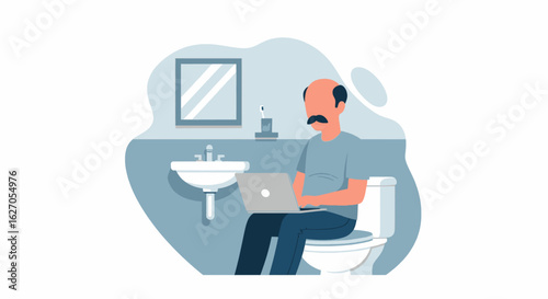 An illustration depicts a man with a mustache sitting on a toilet in a bathroom, intently using a laptop, symbolizing remote work habits and modern multitasking.