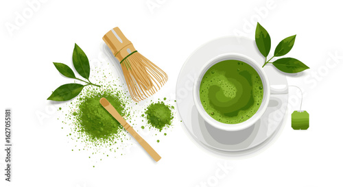 Top view of a traditional matcha green tea set with a cup, bamboo whisk, scoop, and powder, isolated on a white background