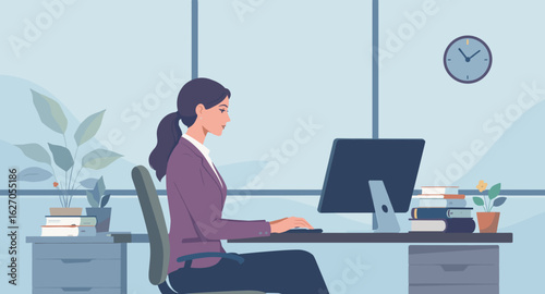 A professional woman diligently works at her computer in a modern office environment, focusing on productivity and digital tasks.