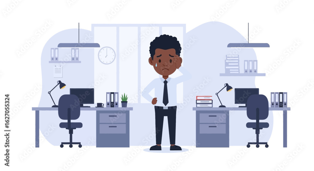 Fototapeta premium A young African American businessman stands sadly in his office, feeling stressed and overwhelmed by his workload, illustrating the challenges of modern office life and workplace pressure.