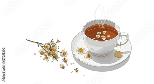 A soothing cup of hot chamomile herbal tea in a white cup and saucer with fresh chamomile flowers for relaxation