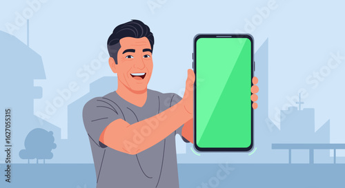 A cheerful young man confidently presents a modern smartphone with a bright green screen, ideal for digital content, app promotion, or technology display.