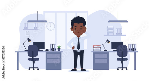 A young African American businessman stands sadly in his office, feeling stressed and overwhelmed by his workload, illustrating the challenges of modern office life and workplace pressure.