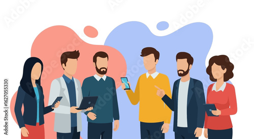 A diverse group of modern professionals and individuals engage in social networking and collaborative communication using digital devices, fostering connection.