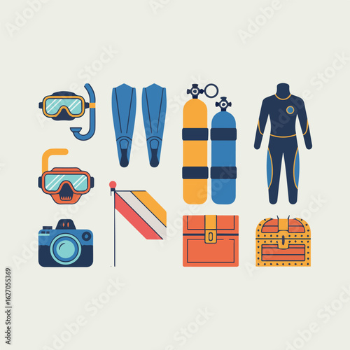 Clean and modern vector  scuba diving equipment set vector illustration for underwater adventure and treasure hunting trips