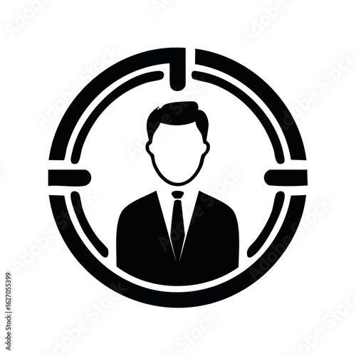 Target audience icon with a businessman in crosshairs for customer marketing and recruitment