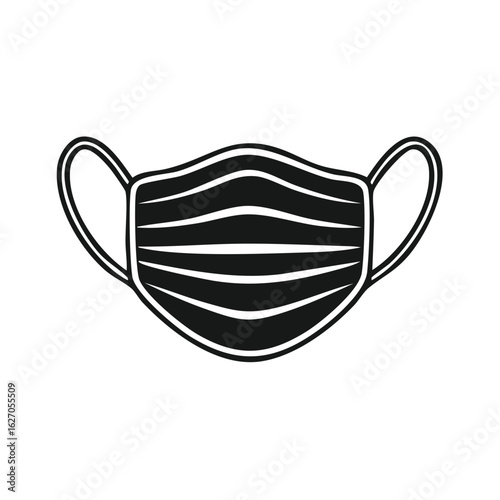 Stylized black medical mask icon with pleats and ear loops