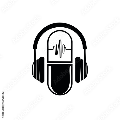 Headphones over audio waveform and microphone emblem symbolizing podcasting or broadcasting