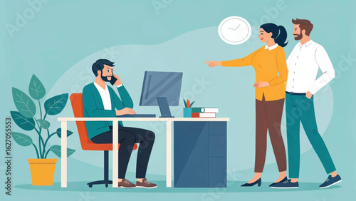 Colleagues collaborate in an office setting, discussing tasks while one person talks on the phone at their desk.