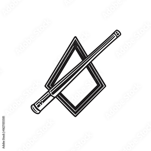 Magic Wand Resting Across Triangle and Rhombus Shape Forms Black Line Art for Fantasy Illustrations and Designs