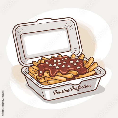 Delicious Poutine in Takeout Container Illustration Culinary Delight French Canadian Cuisine Concept