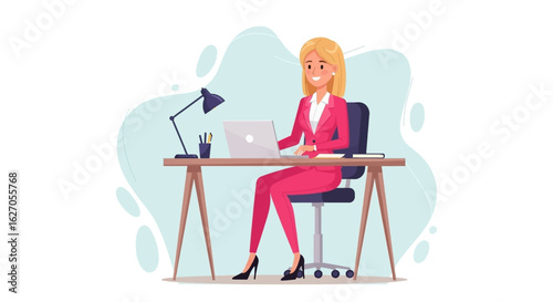 A confident and smiling blonde businesswoman in a vibrant pink suit efficiently works on her laptop at a modern desk, embodying productivity and success.