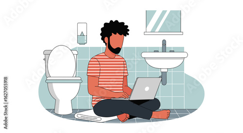 A relaxed individual is comfortably working on their laptop while sitting on the floor of a modern bathroom, illustrating the flexibility of remote work.