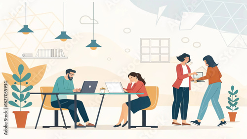 A vibrant flat illustration shows diverse professionals collaborating and working on laptops in a modern, open-plan office environment.