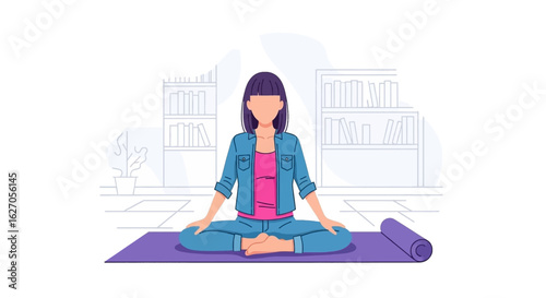 A serene woman practices mindful meditation in a comfortable lotus pose on her yoga mat, finding inner peace and balance at home.