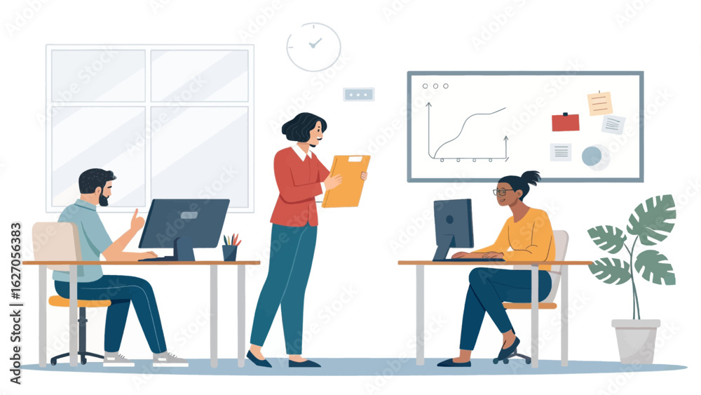 Fototapeta premium Diverse professionals collaborate in a modern, bright office space, engaging in teamwork and efficient business operations with digital tools.