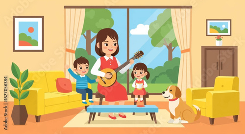 A happy mother plays a ukulele for her two cheerful children and their beloved pet dog in a bright, comfortable living room, sharing a joyful family moment.