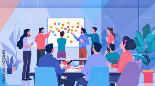A diverse team of professionals collaborates in a modern office, brainstorming innovative ideas and strategizing for business success.