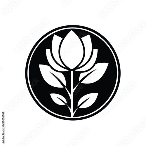 Circular Emblem of a White Water Lily with Leaves in Black and White