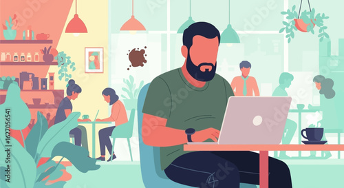 A focused bearded man works on his laptop in a modern, bustling cafe, illustrating the contemporary remote work lifestyle and digital connectivity.
