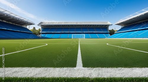 An immaculate view of a football field from the goal line, looking towards the midfield with perfect turf and line markings, large copy space in the background stands.