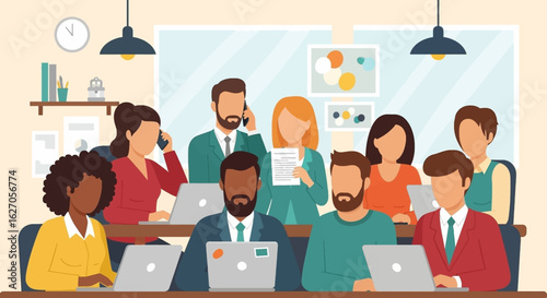 Diverse colleagues actively collaborate on projects in a modern open-plan office, showcasing teamwork, productivity, and a dynamic work environment.