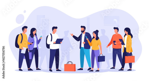 Diverse group of young professionals and students engaging in dynamic conversations and networking in a contemporary urban setting, fostering collaboration and community.