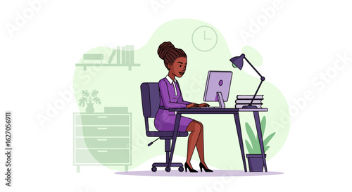 An elegant African American professional woman is diligently working on her computer at a stylish office desk, embodying productivity and focus.