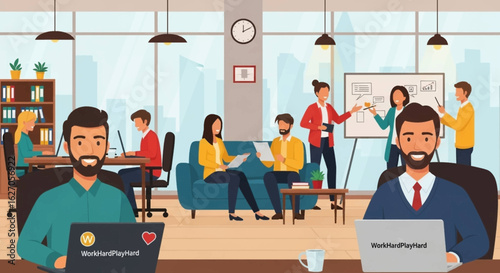 Diverse team collaborating and brainstorming ideas in a modern, bright office environment with windows and plants.