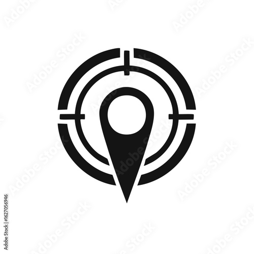 Black map location pin inside crosshairs symbol representing targeting and navigation