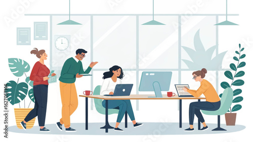Diverse team collaborating in a modern, bright office space, working on laptops and computers.