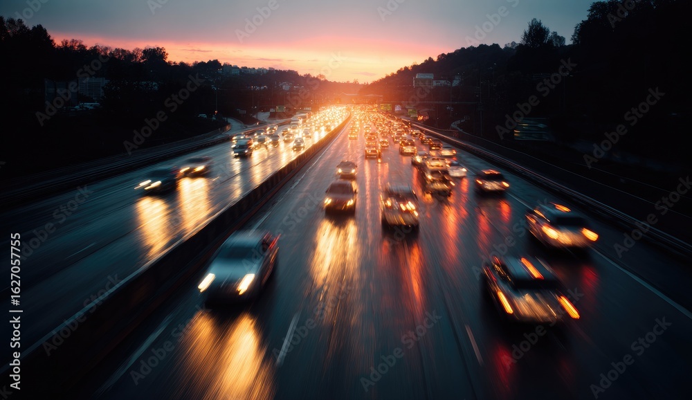 Obraz premium Highway traffic at sunset, blurred motion