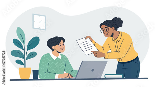 A teacher or mentor guides a student with a document at a desk with a laptop and plant.