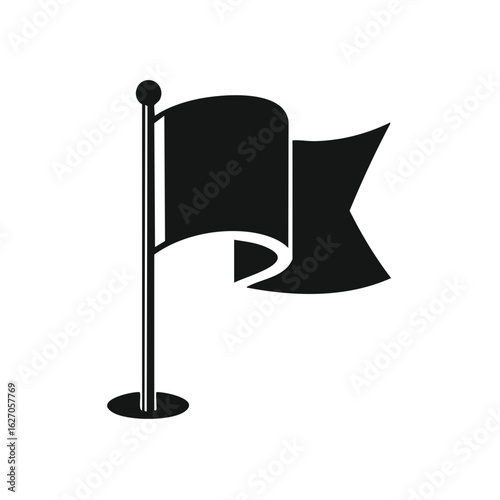 Simple black waving flag on pole illustration. Symbolizes success and achievement on white.
