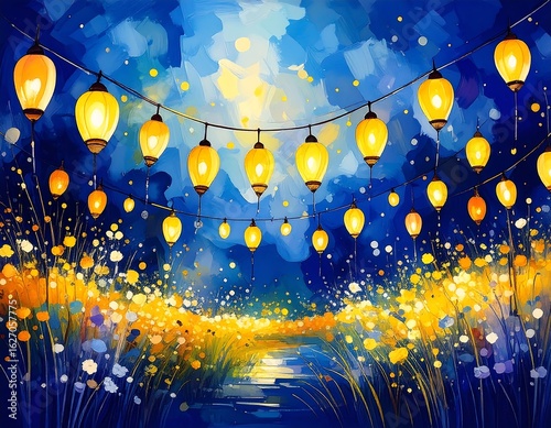 Night lanterns in a field