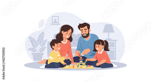 A happy family with parents and two young children enjoys quality time together, building and playing with colorful toys on the living room floor.