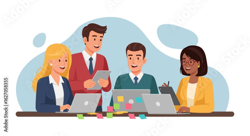 A diverse team of professionals collaborates effectively around a table with laptops, illustrating modern business teamwork and communication.