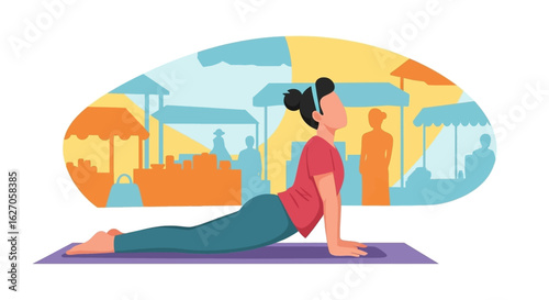 A peaceful woman performs the graceful cobra yoga pose on a mat, cultivating wellness and inner calm against a colorful, abstract urban market backdrop.