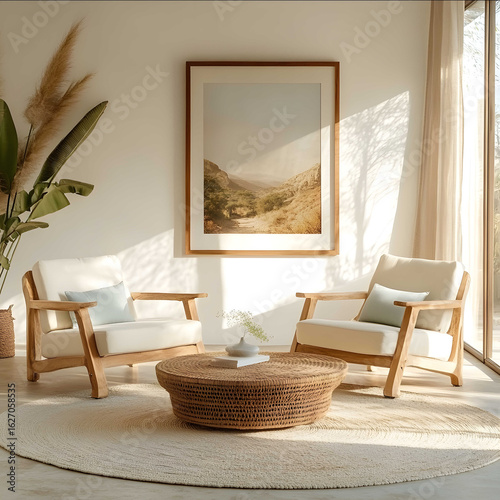 A photo of a large wooden picture frame on the wall white walls with sunlight shining in a modern living room with two creamcolored chairs and a single accent c