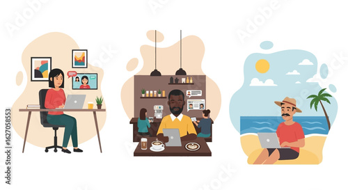 Diverse modern work scenarios illustrate professionals working remotely from a home office, a bustling cafe, and a serene beach, highlighting flexible lifestyles.