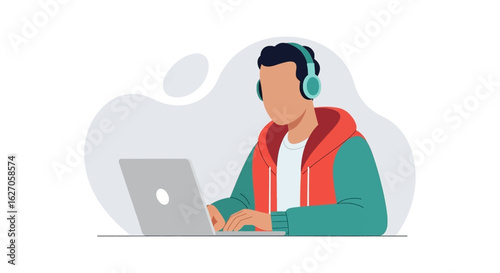 A focused individual wearing headphones is actively engaged in remote work or online learning, typing diligently on a laptop computer.