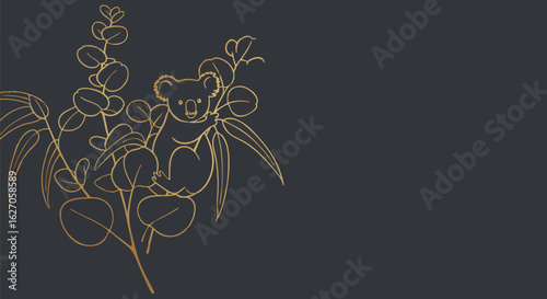 Elegant gold line art illustration of a cute koala bear resting on a eucalyptus branch against a dark background.