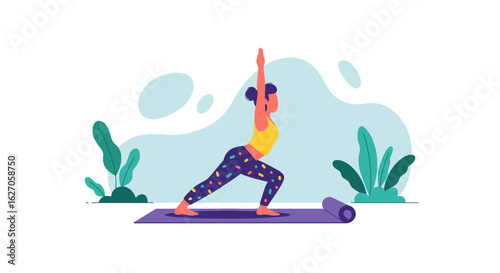 A vibrant illustration depicts a woman gracefully performing a challenging yoga pose on a mat, promoting wellness and mindful exercise in a serene setting.