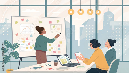 A dynamic business meeting unfolds as a presenter explains data on a whiteboard to attentive colleagues, fostering collaboration and strategic planning in a bright office.