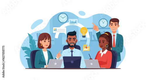 A diverse group of professionals actively collaborates during a productive business meeting, brainstorming innovative ideas and strategizing for success.