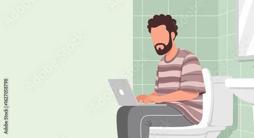 A bearded man in casual attire diligently works on his laptop while seated on a toilet, illustrating the blurred lines of modern remote work and personal space.