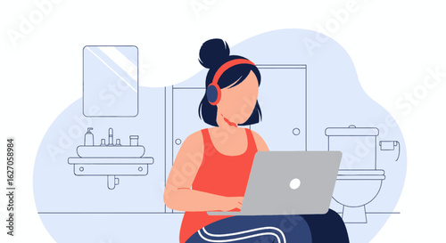 A dedicated young woman efficiently works from home on her laptop, wearing headphones while multitasking in a modern bathroom setting.