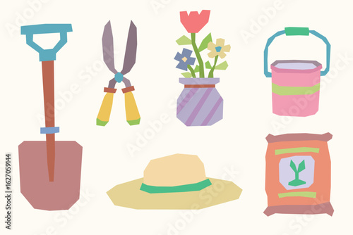  Gardening Tools and Planter Sticker Collection in a Cutout and Flat Design