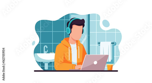 A focused young man wearing headphones diligently works on his laptop, embracing the flexibility of remote work from a private, unconventional home setting.
