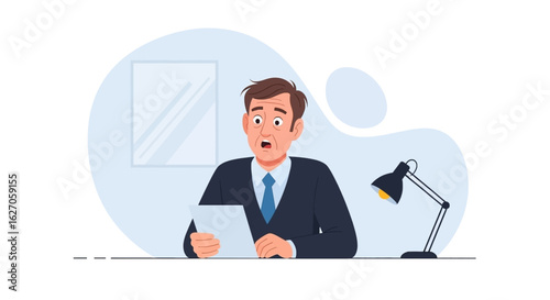 A professional man at his desk displays wide-eyed shock and surprise while reading a document, clearly reacting to unexpected bad news or a serious problem.